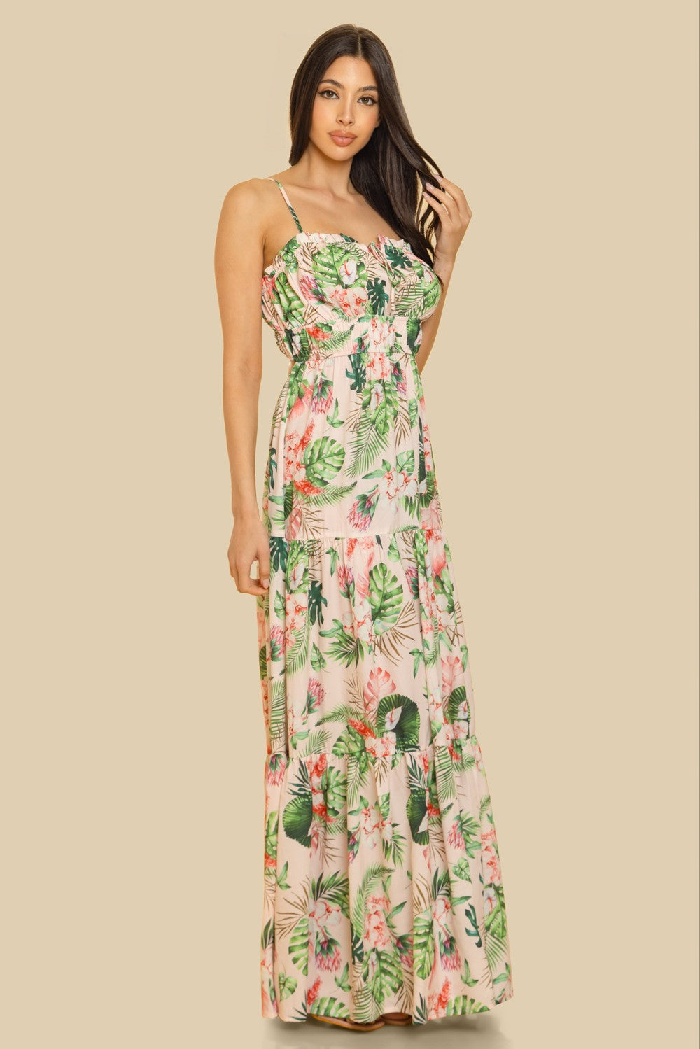 ELASTIC NECKLINE W BACK WAIST CUT-OUT TIERED MAXI