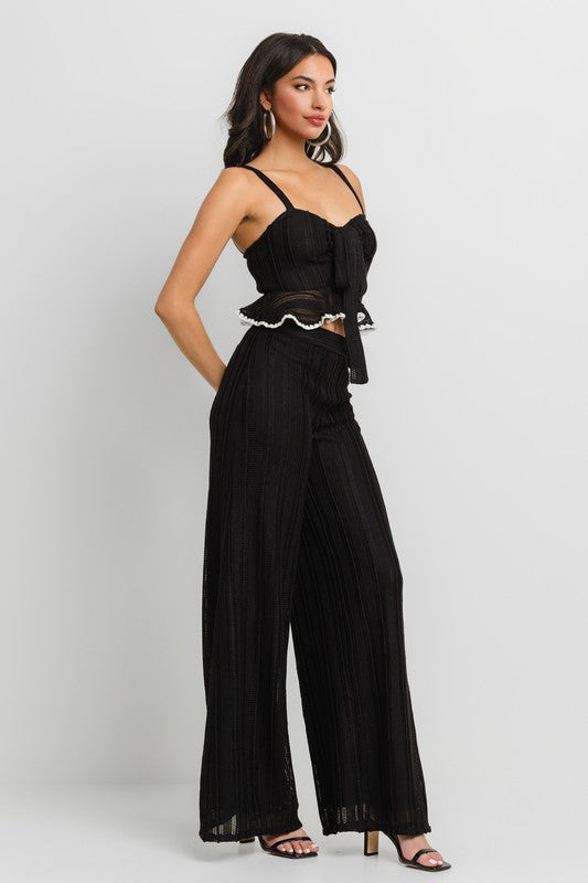 FRONT TIE RUFFLE ATTACHED CROP TOP AND WIDE LEG PANTS