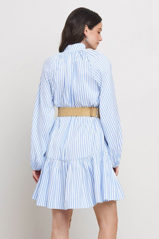 STRIPE BAND COLLAR BALLOON SLEEVE TIERED SKIRT DRESS