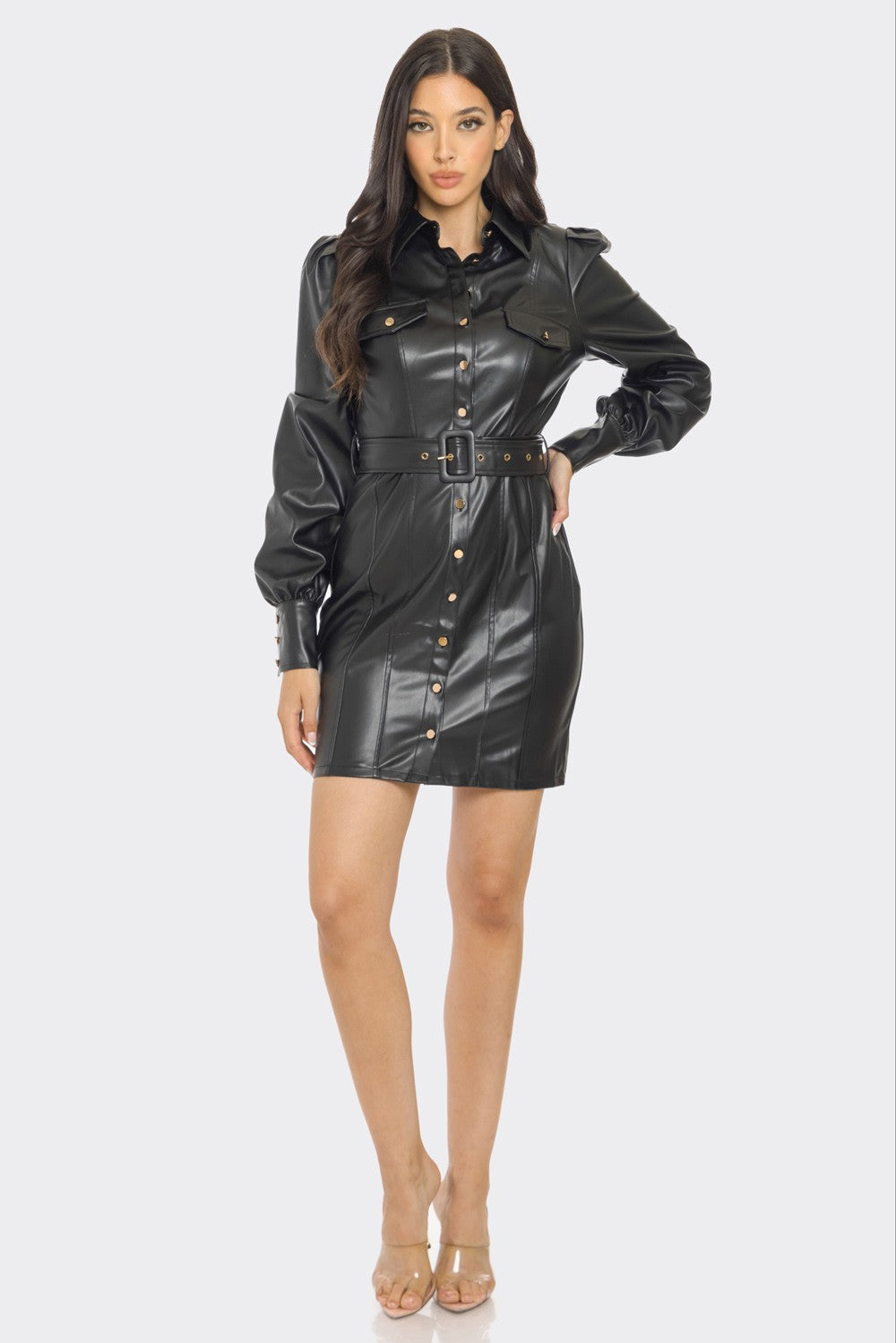 PU LEATHER LONG SLEEVE MINI DRESS