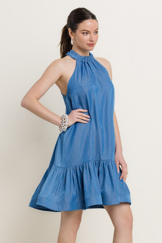 HALTER NECK FLOUNCE BOTTOM DAYTIME DENIM SHORT DRESS W/ BELT