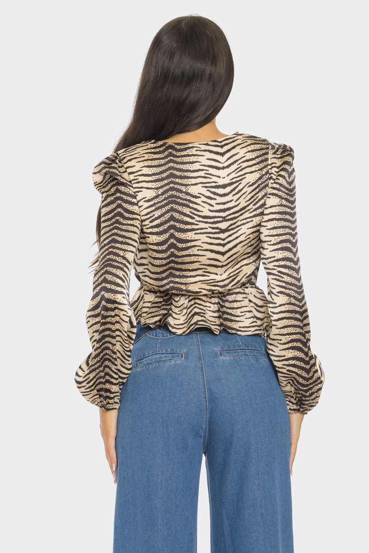 ZEBRA PRINT V-NECK LONG SLEEVE TOP