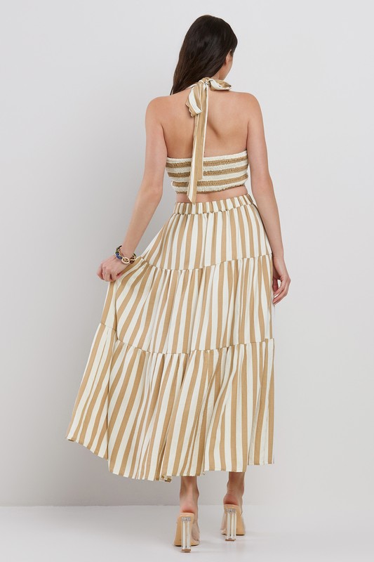 EVEN STRIPE HALTER NECK PLUNGE NECKLINE CROP TOP W/ MATCHING TIERED SKIRT SET