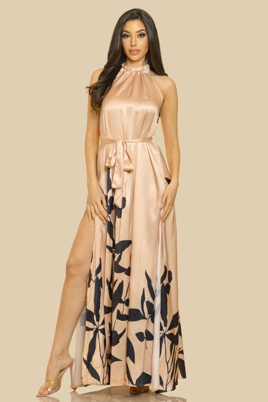 SHIRRED HALTER NECK SIDE SLIT LONG MAXI DRESS
