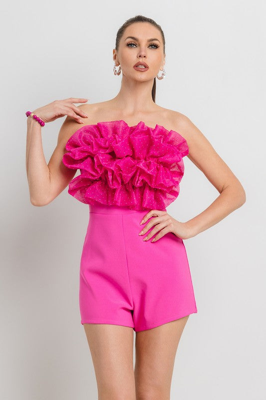 HOT FIX ATTACHED ORGANZA RUFFLE FRONT NIGHT OUT ROMPER