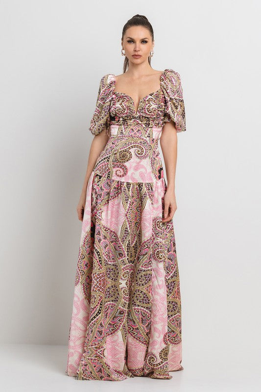 PRINTED SIDE SLIT MAXI DRESS W BELT