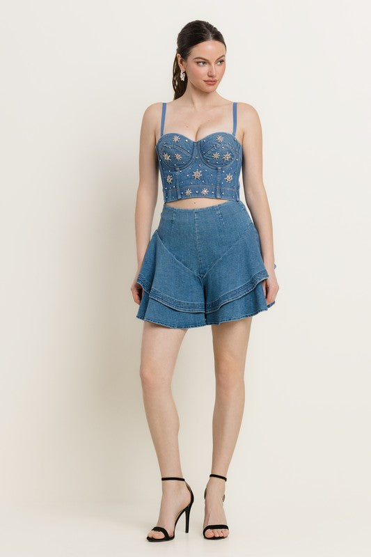 STAR RHINESTONE DETAIL DENIM BUSTIER