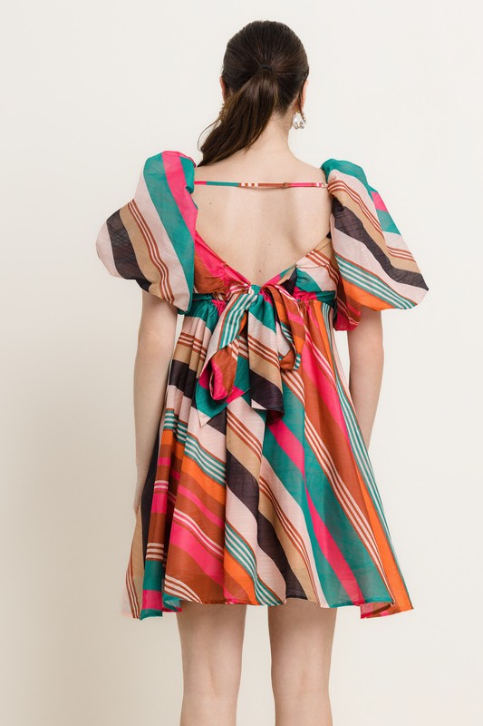 MULTI COLOR UNEVEN STRIPE SHORT SLV FIT & FLARE DRESS