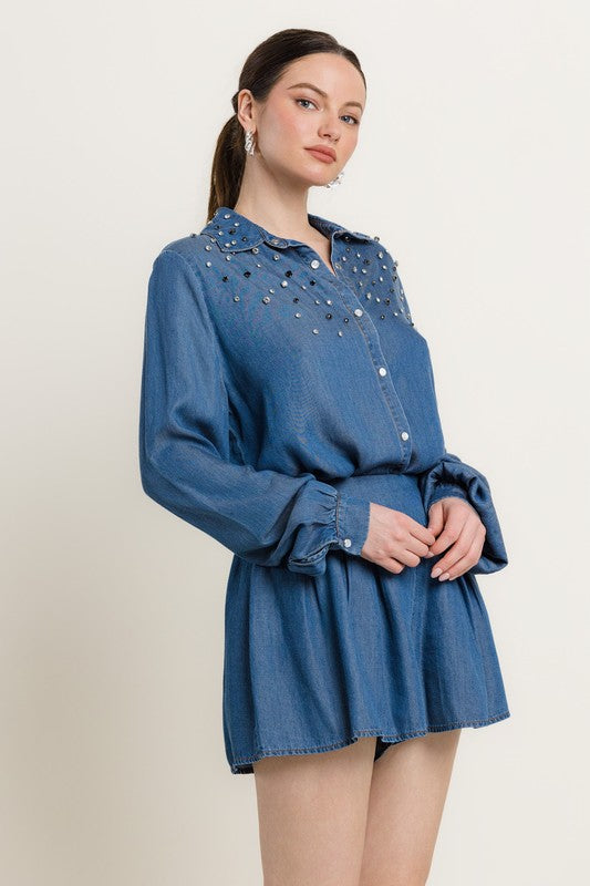 BUTTON FRONT LONG SLV EMBELLISHED SHIRT W/ SHORTS DENIM SET