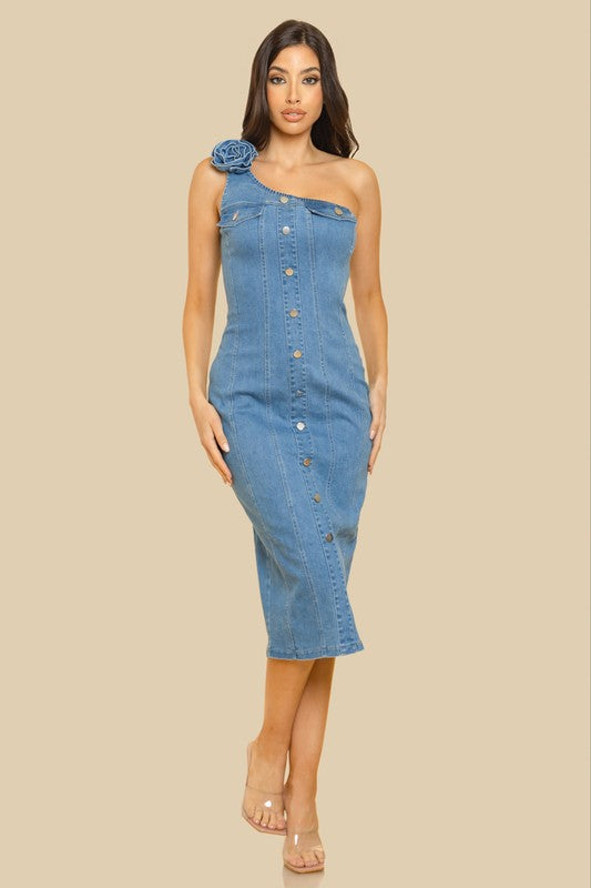 DENIM CORSAGE ATTACHED ONE SHOULDER MIDI DRESS