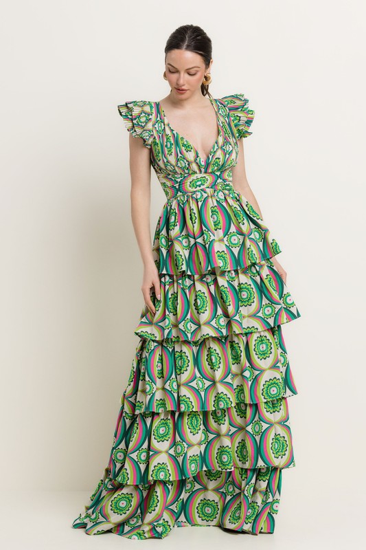 PRINTED RUFFLE MAXI DRESS