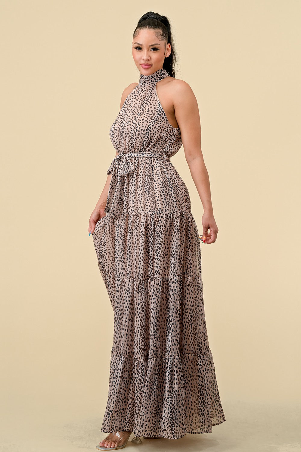 HALTER NECK ANIMAL PRINT TIERED MAXI DRESS