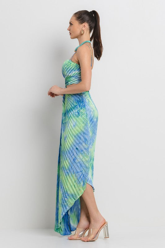 PLEATED ASYMETRIC HEMLINE TIE DYE MIDI DRESS