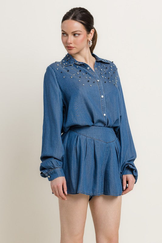 BUTTON FRONT LONG SLV EMBELLISHED SHIRT W/ SHORTS DENIM SET