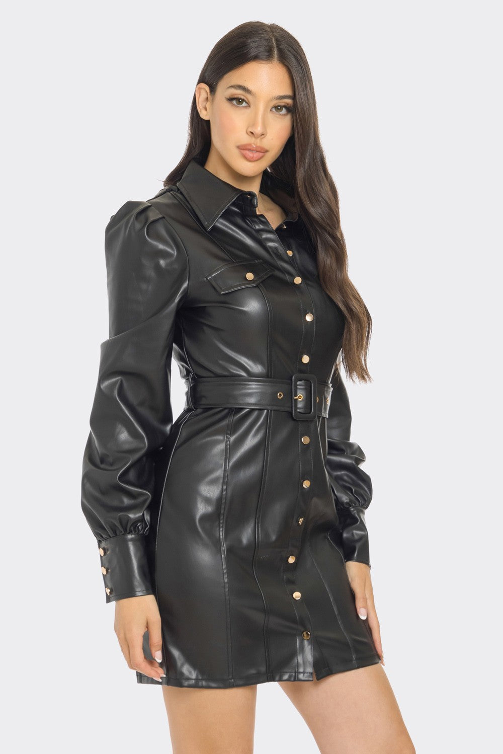 PU LEATHER LONG SLEEVE MINI DRESS