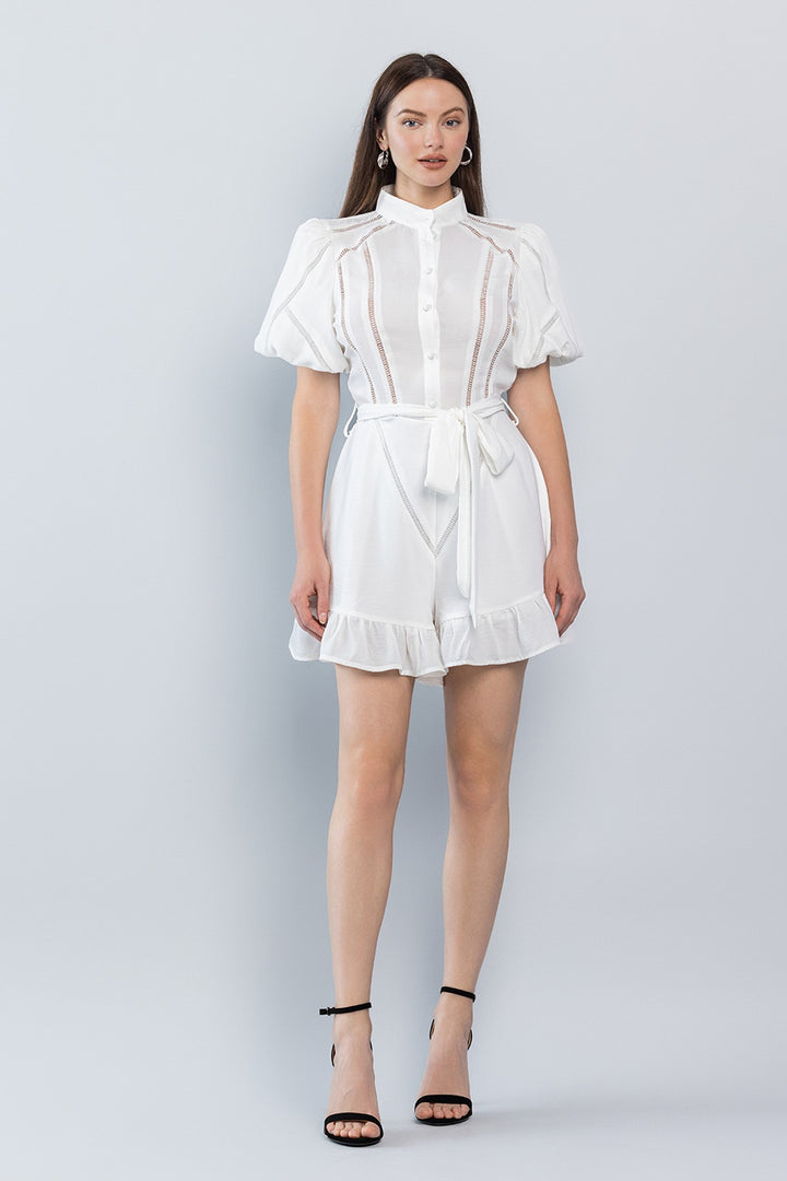 PUFF SLEEVE EYELET DETAIL ROMPER