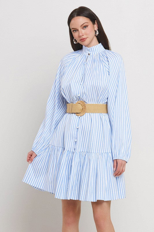 STRIPE BAND COLLAR BALLOON SLEEVE TIERED SKIRT DRESS