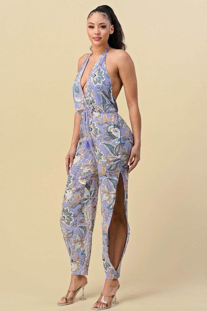 HALTER NECK TIE PRINT JUMPSUIT