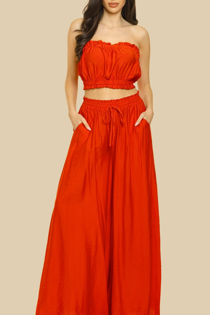 SHIRRED TUBE TOP WITH MATCHING PALAZZO PANTS SET