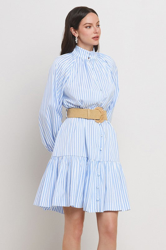 STRIPE BAND COLLAR BALLOON SLEEVE TIERED SKIRT DRESS