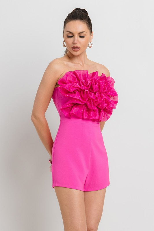 HOT FIX ATTACHED ORGANZA RUFFLE FRONT NIGHT OUT ROMPER