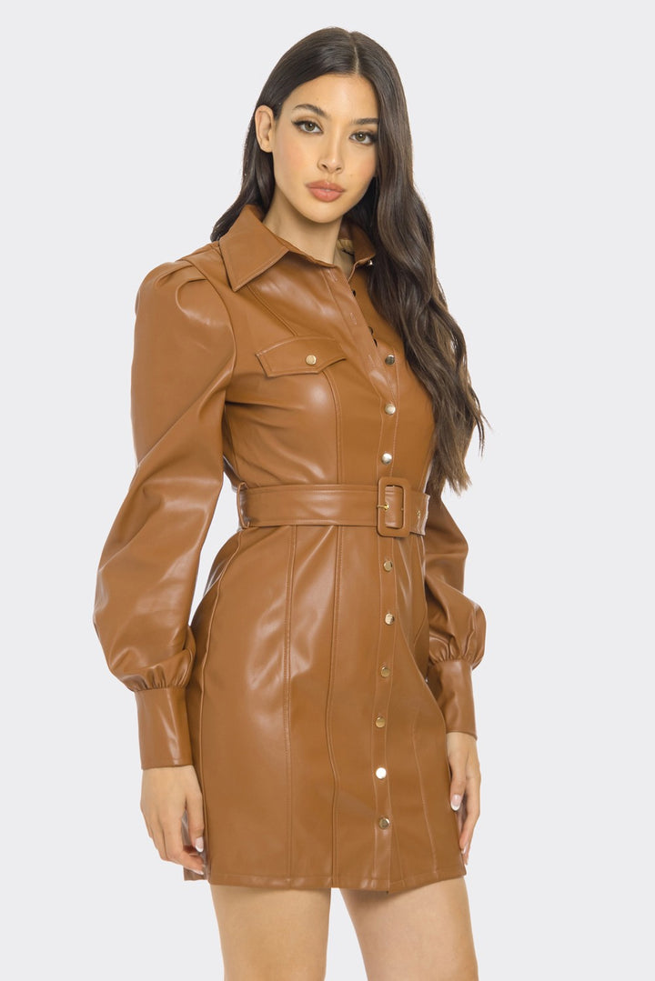 PU LEATHER LONG SLEEVE MINI DRESS