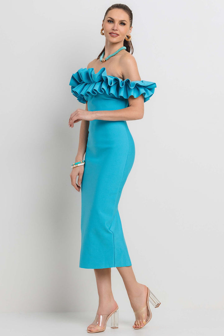 PLEATED RUFFLE OFF SHOULDER BANDAGE MIDI DRESS