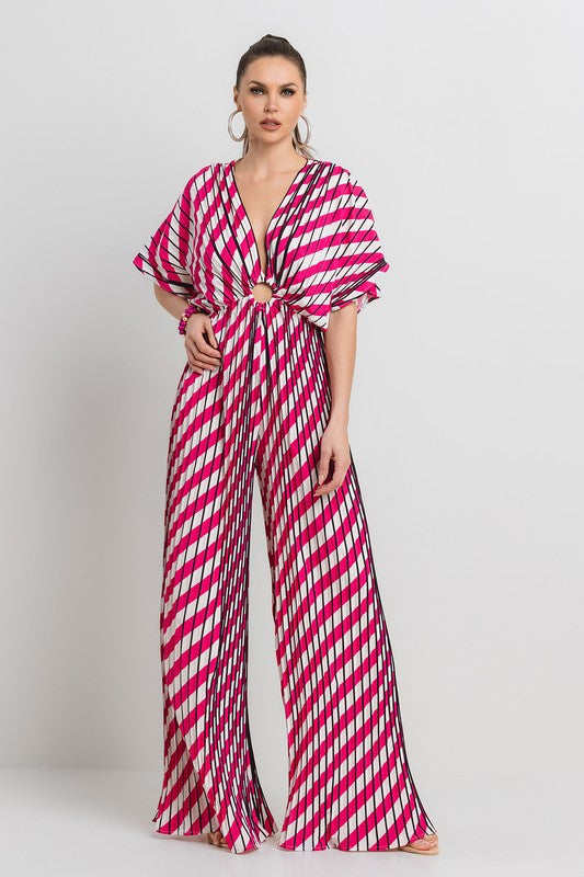 V-NECK DROP SHOULDER W/ O-RING ATTACHED PLEATED JUMPSUIT