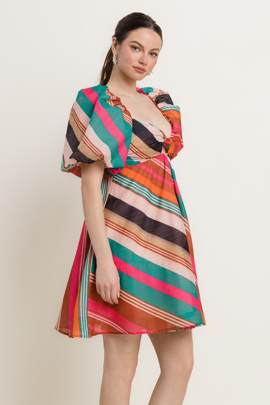 MULTI COLOR UNEVEN STRIPE SHORT SLV FIT & FLARE DRESS