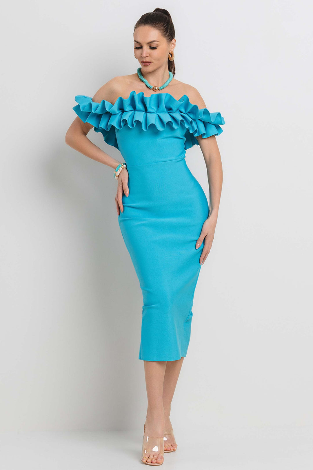 PLEATED RUFFLE OFF SHOULDER BANDAGE MIDI DRESS