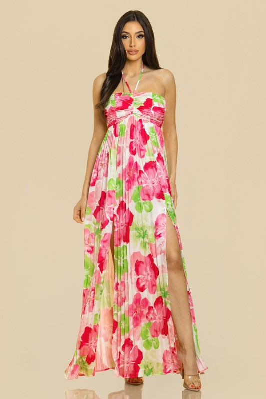 PRINT PLEATE MAXI DRESS