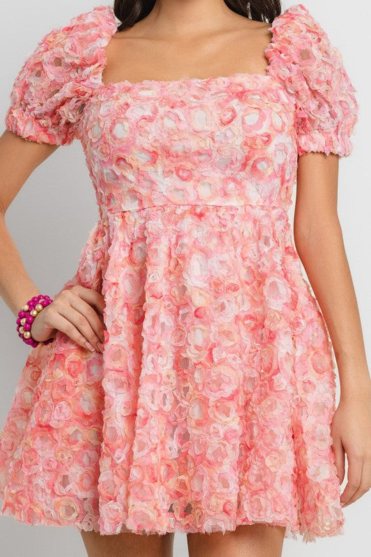 3D FLOWER PUFF SLEEVE MINI DRESS