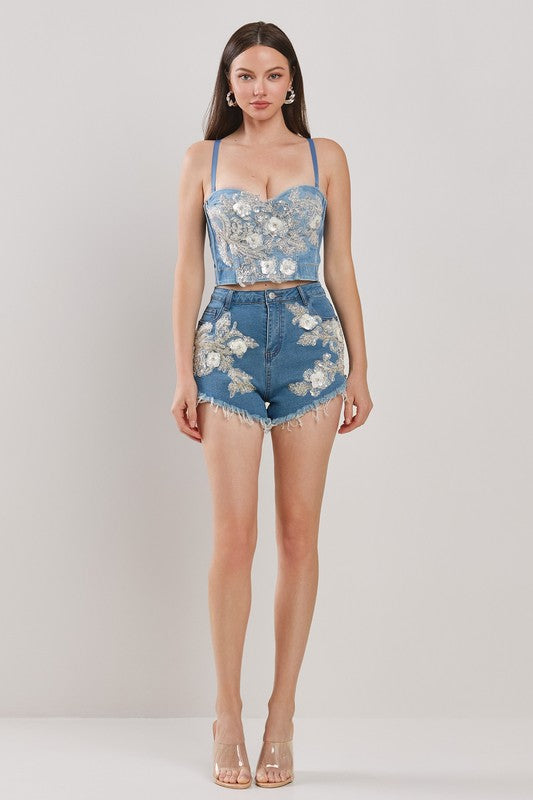 FLORAL PATCH DETAIL DENIM BUSTIER SETS