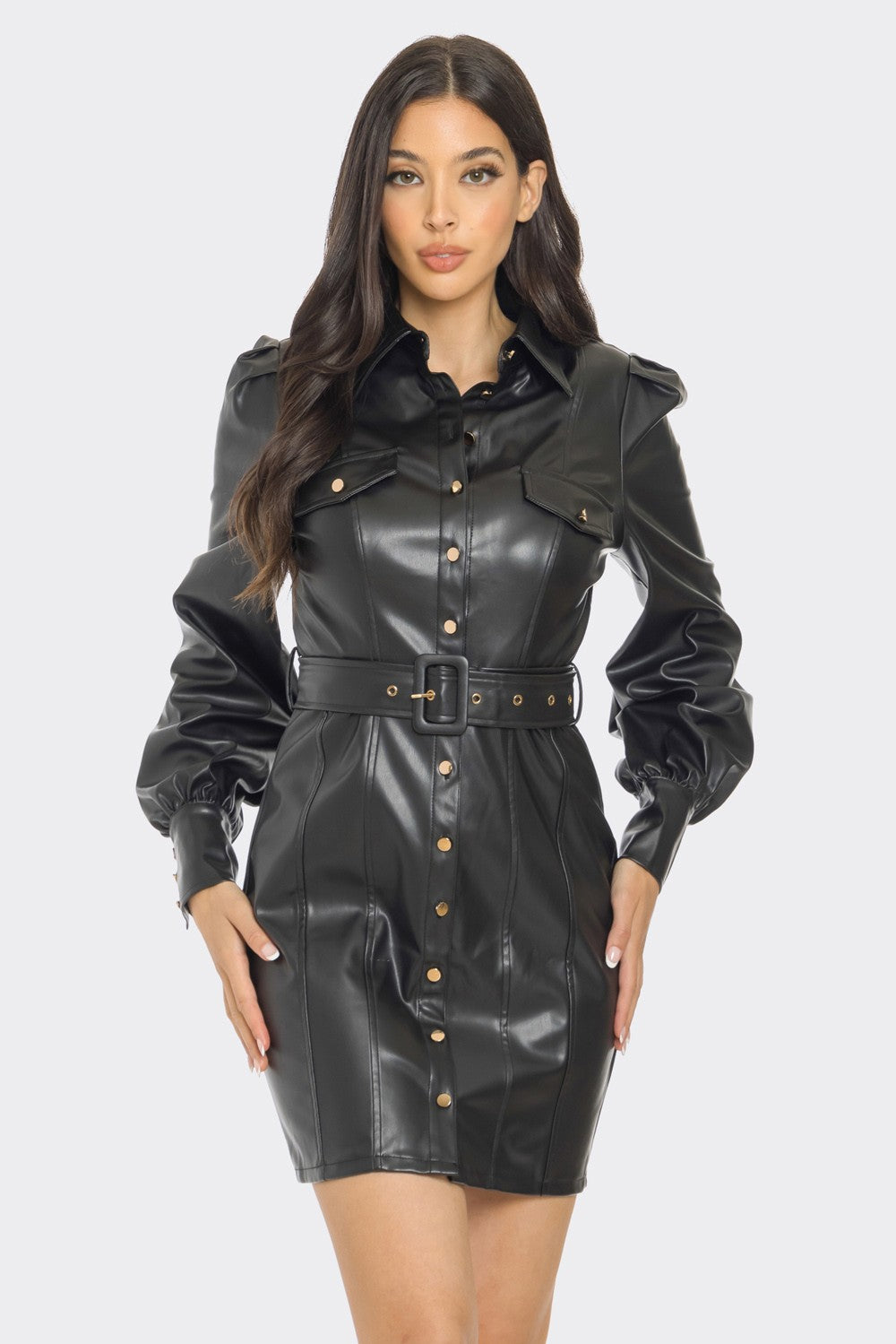 PU LEATHER LONG SLEEVE MINI DRESS