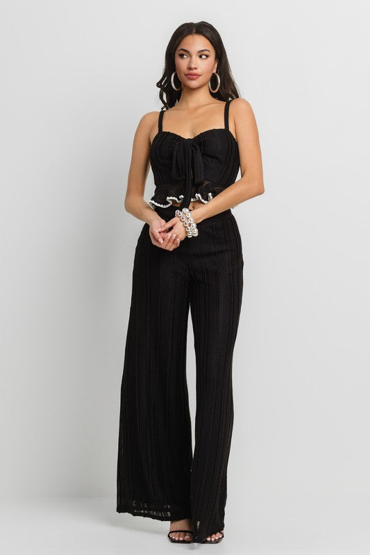 FRONT TIE RUFFLE ATTACHED CROP TOP AND WIDE LEG PANTS