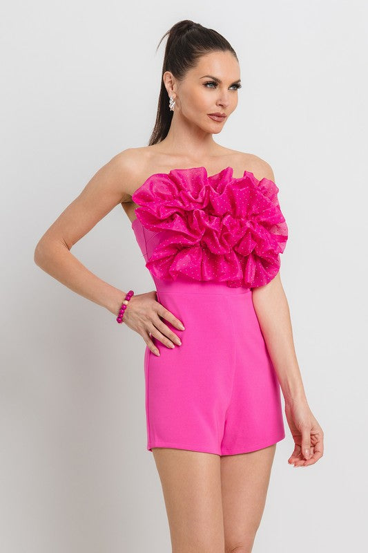 HOT FIX ATTACHED ORGANZA RUFFLE FRONT NIGHT OUT ROMPER