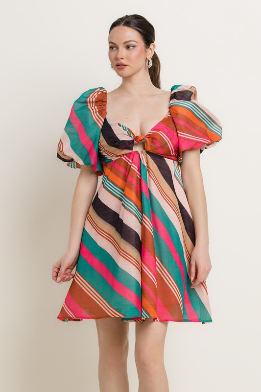 MULTI COLOR UNEVEN STRIPE SHORT SLV FIT & FLARE DRESS