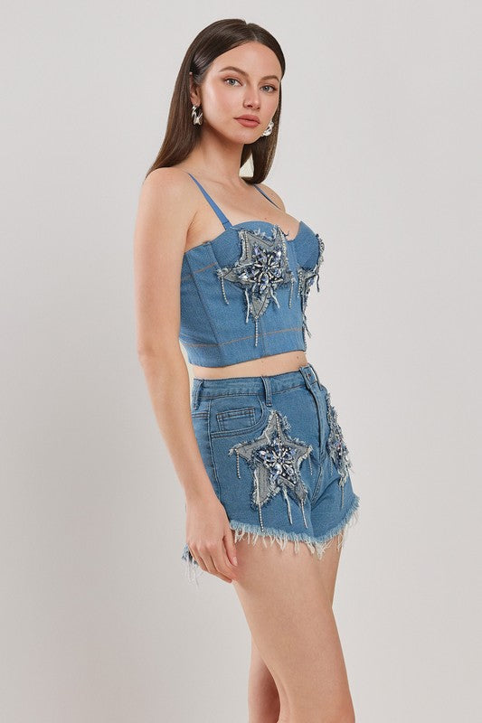 STAR PATCH DETAIL DENIM BUSTIER SETS