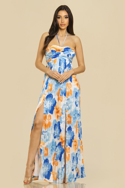 PRINT PLEATE MAXI DRESS