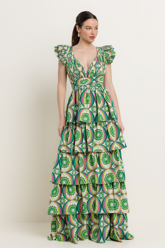 PRINTED RUFFLE MAXI DRESS