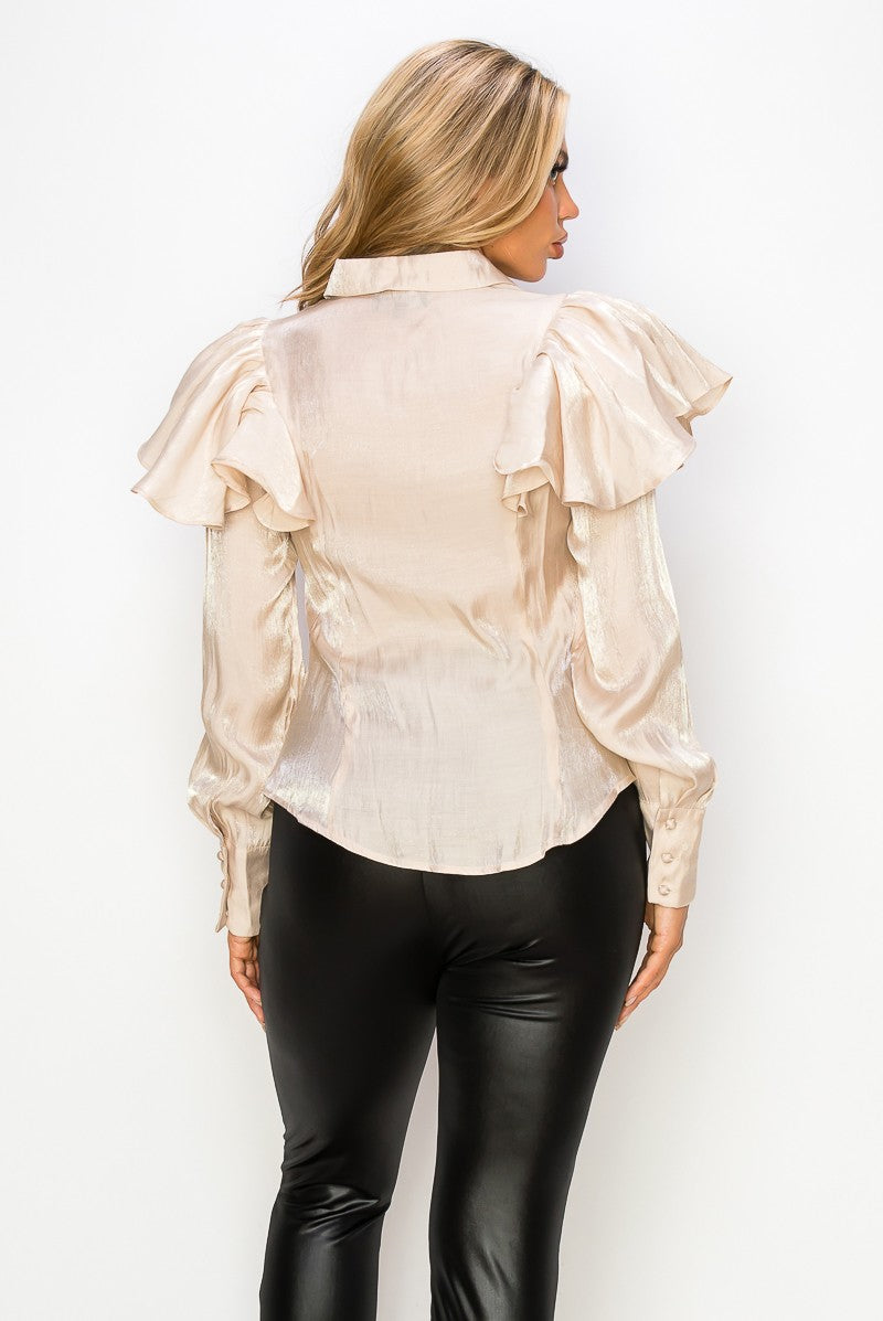 SHOULDER RUFFLES LONG SLEEVE BLOUSE