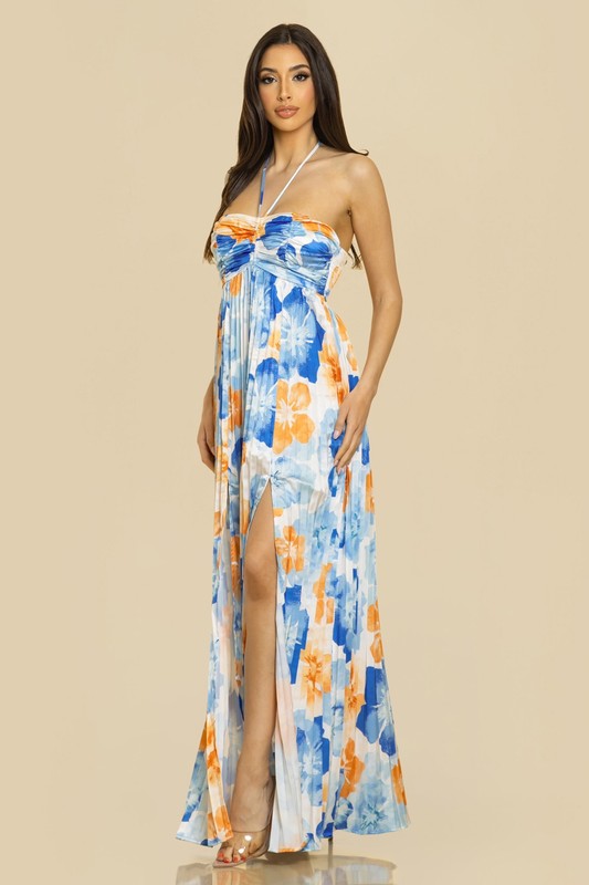 PRINT PLEATE MAXI DRESS