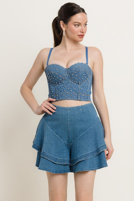 RHINESTONE DETAILS DENIM BUSTIER