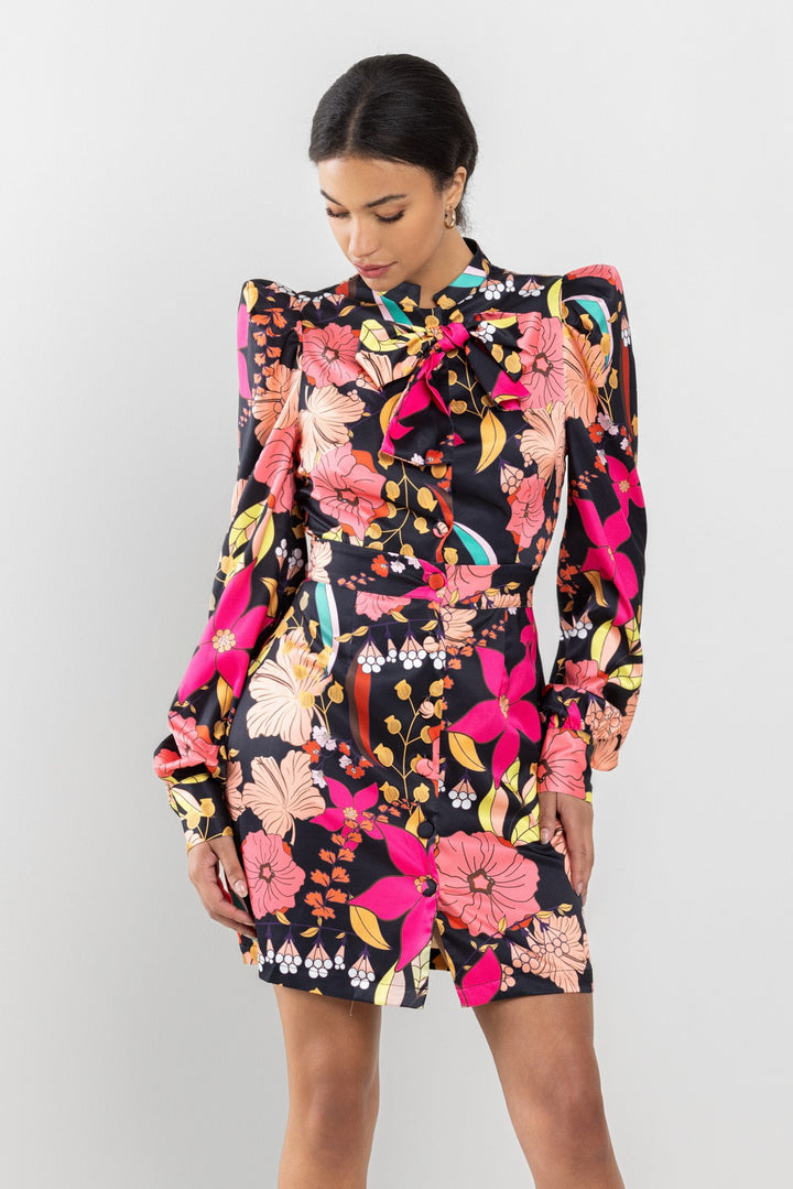 UFF LONG SLEEVE PRINTED SATIN DRESS