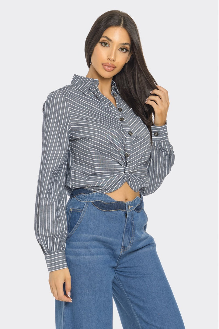 FRONT WAIST STRIPED CROP BLOUSE