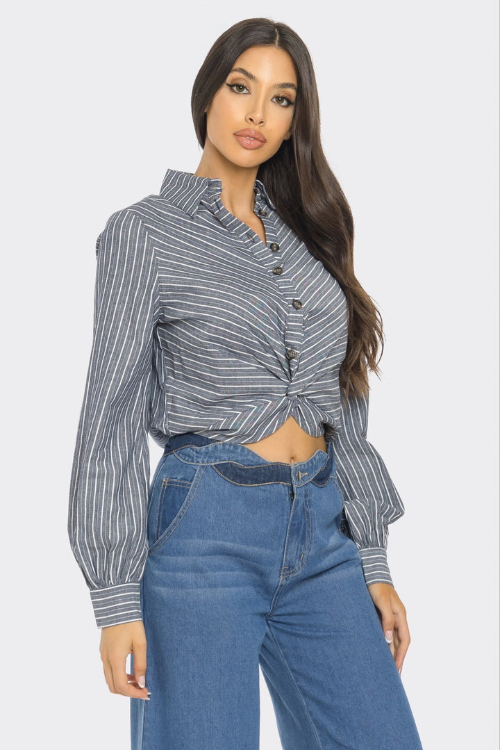 FRONT WAIST STRIPED CROP BLOUSE