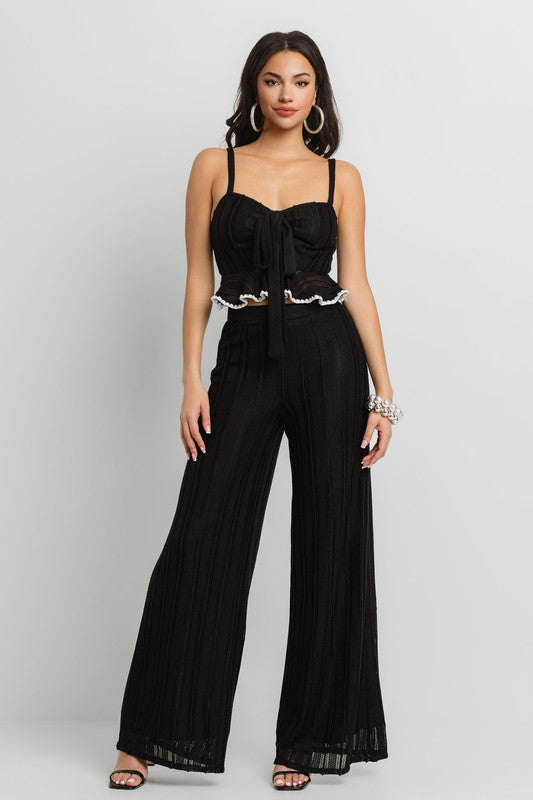 FRONT TIE RUFFLE ATTACHED CROP TOP AND WIDE LEG PANTS