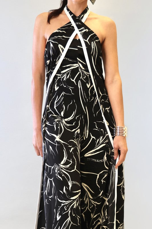 PRINT W CONTRAST BINDING HALTER NECK WIDE LEG JUMP