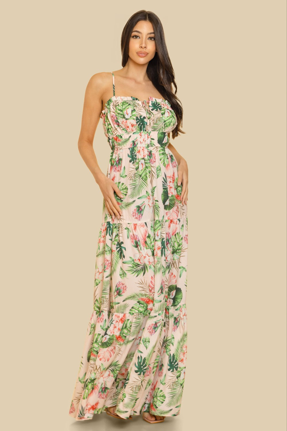 ELASTIC NECKLINE W BACK WAIST CUT-OUT TIERED MAXI