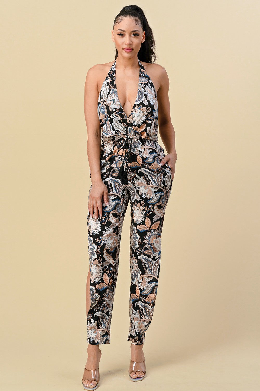 HALTER NECK TIE PRINT JUMPSUIT